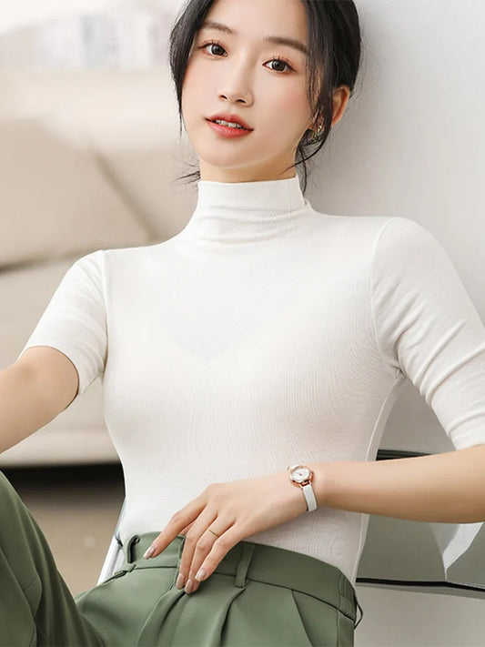 Half Turtleneck Milk Silk Slim Short Sleeve Top Basic