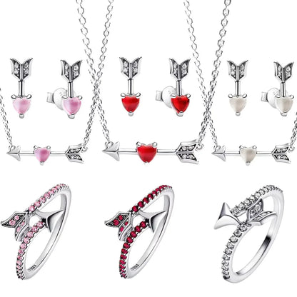 925 Silver Heart Arrow Jewelry Set with Colorful Zircon Sparkling Ring Earrings and Necklace Valentines Day Gift for Women