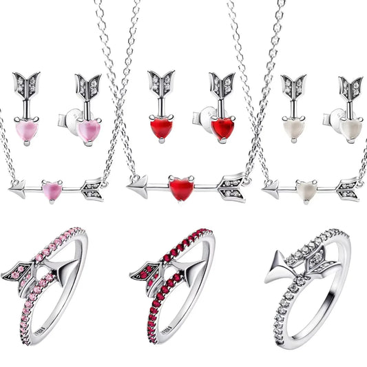 925 Silver Heart Arrow Jewelry Set with Colorful Zircon Sparkling Ring Earrings and Necklace Valentines Day Gift for Women