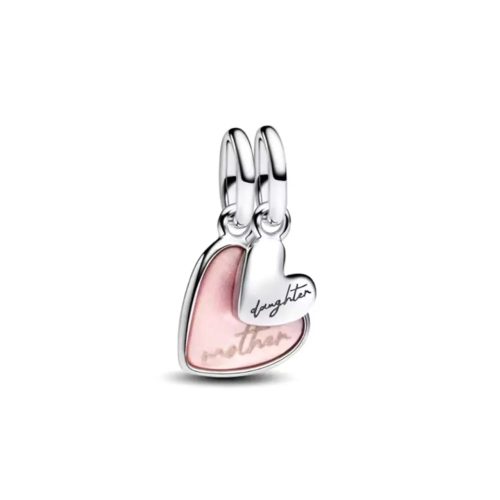 European 925 Sterling Silver Clover Pendant with Pink Zircon for Mother and Daughter DIY Charm Bead Jewelry