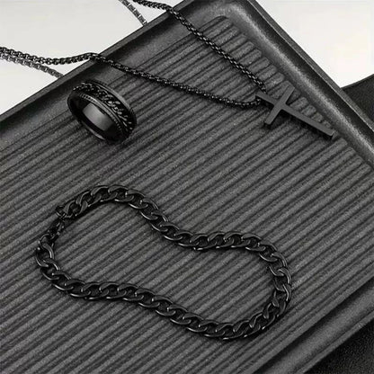 Men's Stylish Black Stainless Steel Cross Necklace, Ring, and Bracelet Set - Non-Fading Jewelry for Weddings and Parties