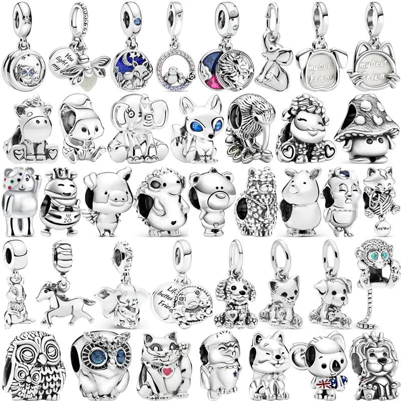 925 Sterling Silver Animal Charms Bracelet Beads with Zircon - Unicorn, Squirrel, Elephant