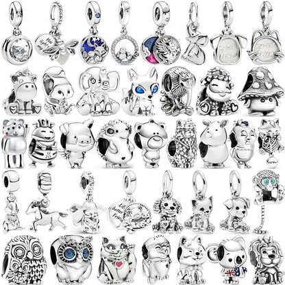 Sterling Silver Animal Charm Beads for Bracelets Featuring Unicorns, Squirrels, Elephants, Owls, Cats, Dogs, Lions, Bears and Rabbits