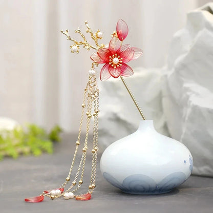 Elegant Gold Red Floral Pearl Long Tassel Hairpins Bridal Chinese Wedding Headpiece