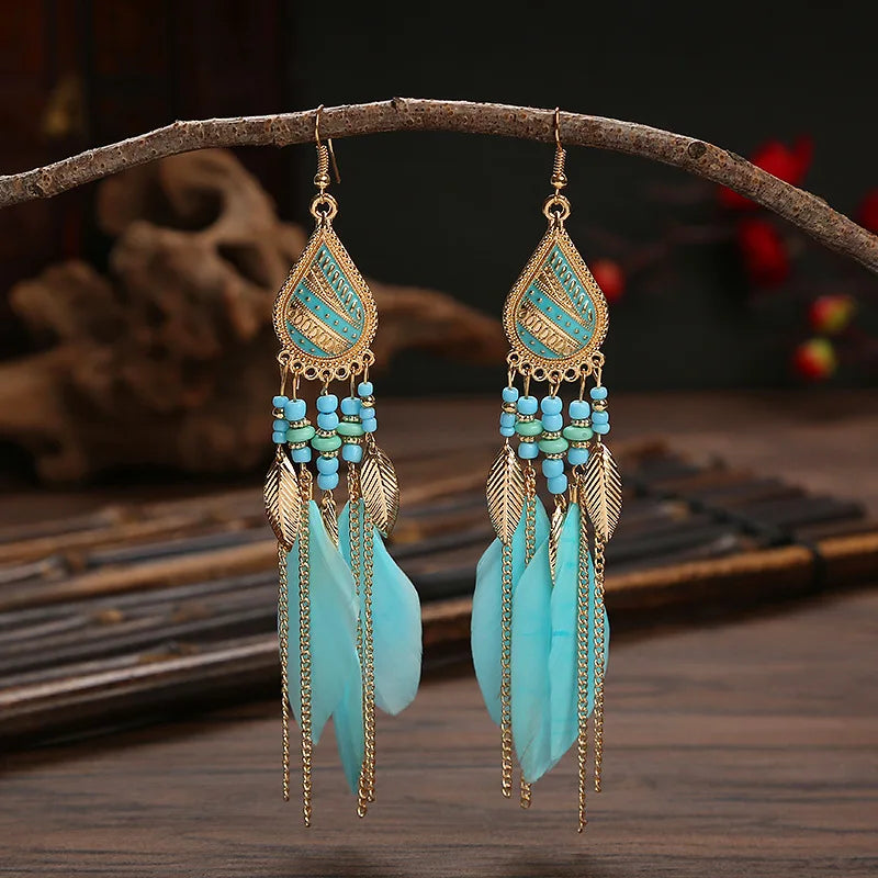 Bohemian Long Feather Drop Earrings with Tassel Beads and Enamel Flowers for Women