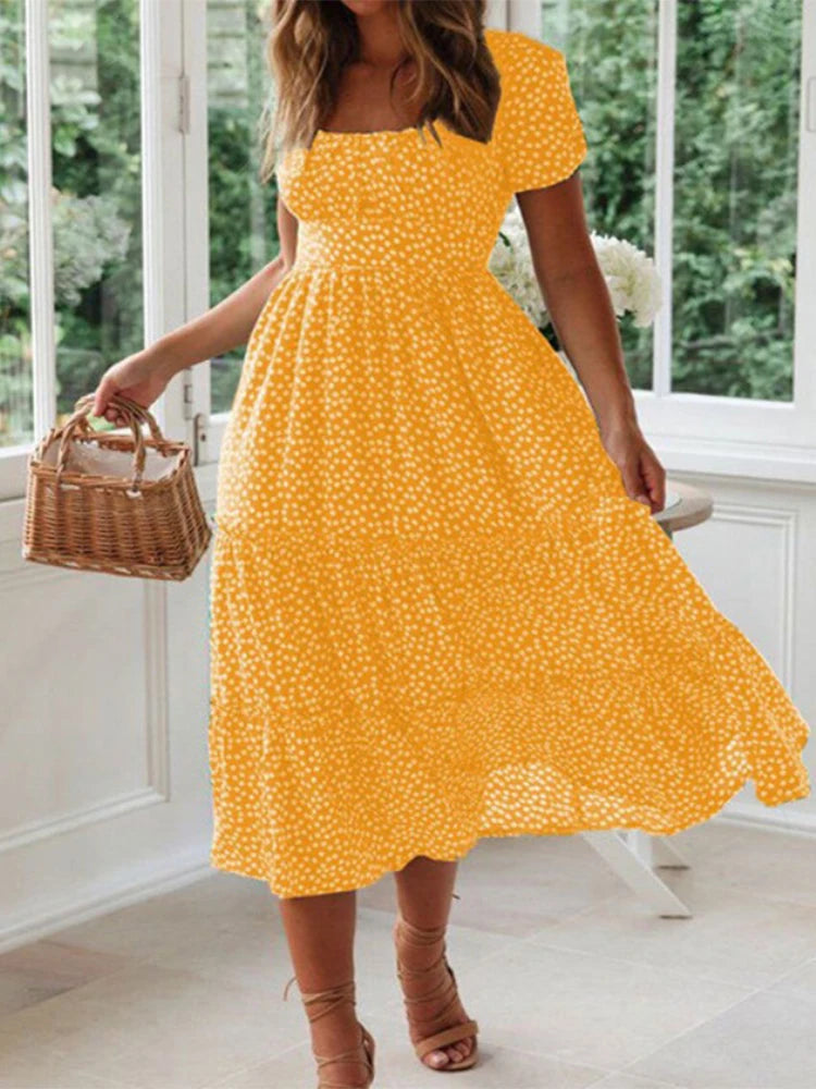 Vintage Floral Maxi Dress Square Collar Puff Sleeve Women