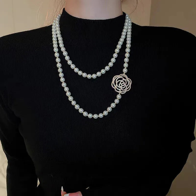 Luxury Camellia Pearl Necklace Long Versatile Sweater Chain for Women