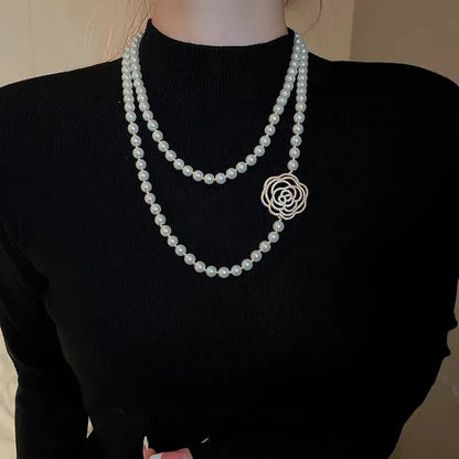Luxury Camellia Pearl Necklace Long Versatile Sweater Chain for Women