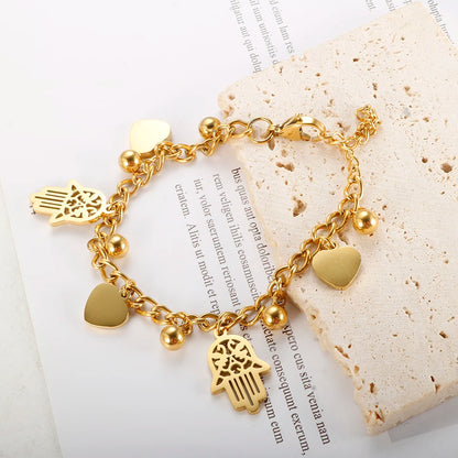 Trendy Gold Plated Stainless Steel Palm Heart Bracelet for Women with Cuban Link Chain and Round Ball Design