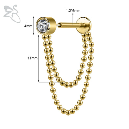 ZS 16G Stainless Steel Stud Earrings for Women and Girls with CZ Crystal Tassel Drop Design