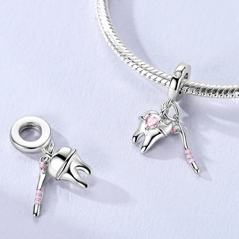 Sterling Silver Cat and Flower Heart Charm for DIY Bracelet Jewelry KTC1634