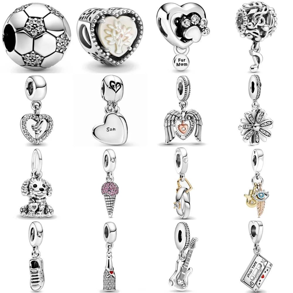 Spring Charms 925 Silver Football Mother Son Dog Pendant Bead Jewelry for European Bracelets and Necklaces