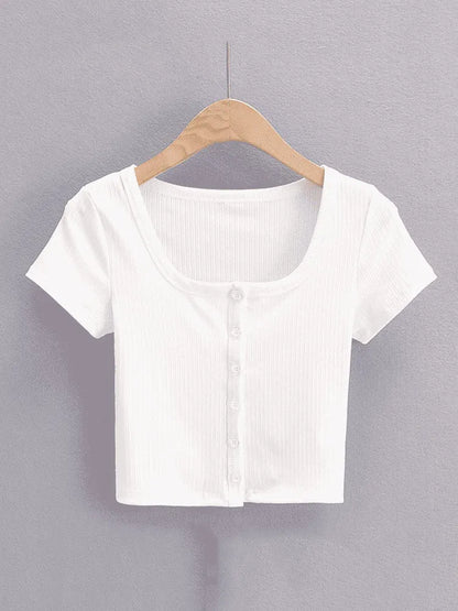 Women Ribbed Button Through Short Sleeve Slim Jersey Top
