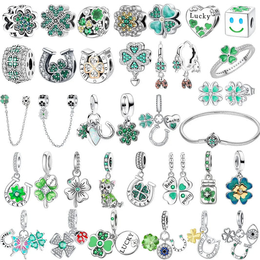 925 Sterling Silver Lucky Four Leaf Clover And Horseshoe Charms With Green Zircon For Bracelet Necklace Earrings