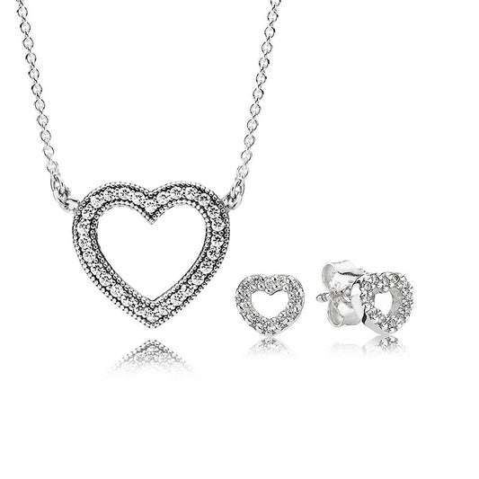New 925 Sterling Silver Rose Gold Loving Hearts Necklace and Earrings Jewelry Set with Crystal for Women Birthday Gift