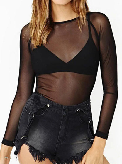 Spring Summer Womens Mesh Long Sleeve Top Transparent Tee
