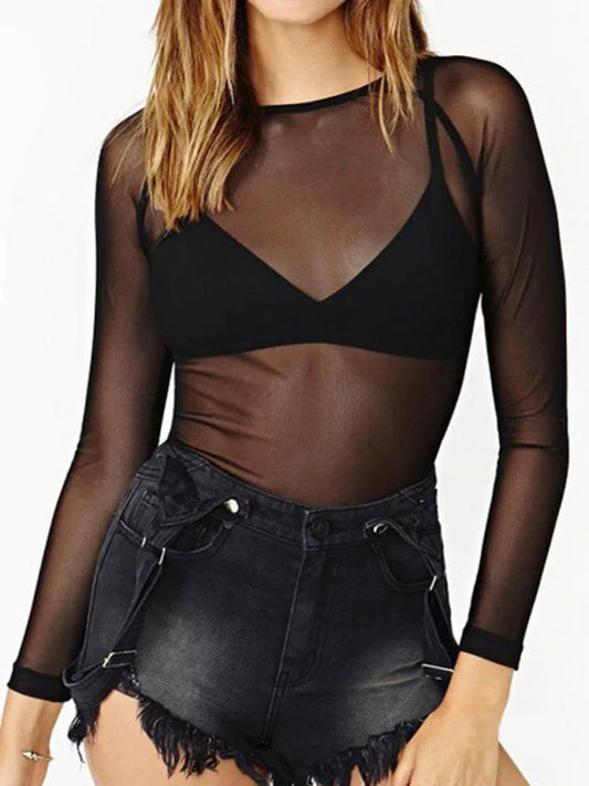 Spring Summer Womens Mesh Long Sleeve Top Transparent Tee
