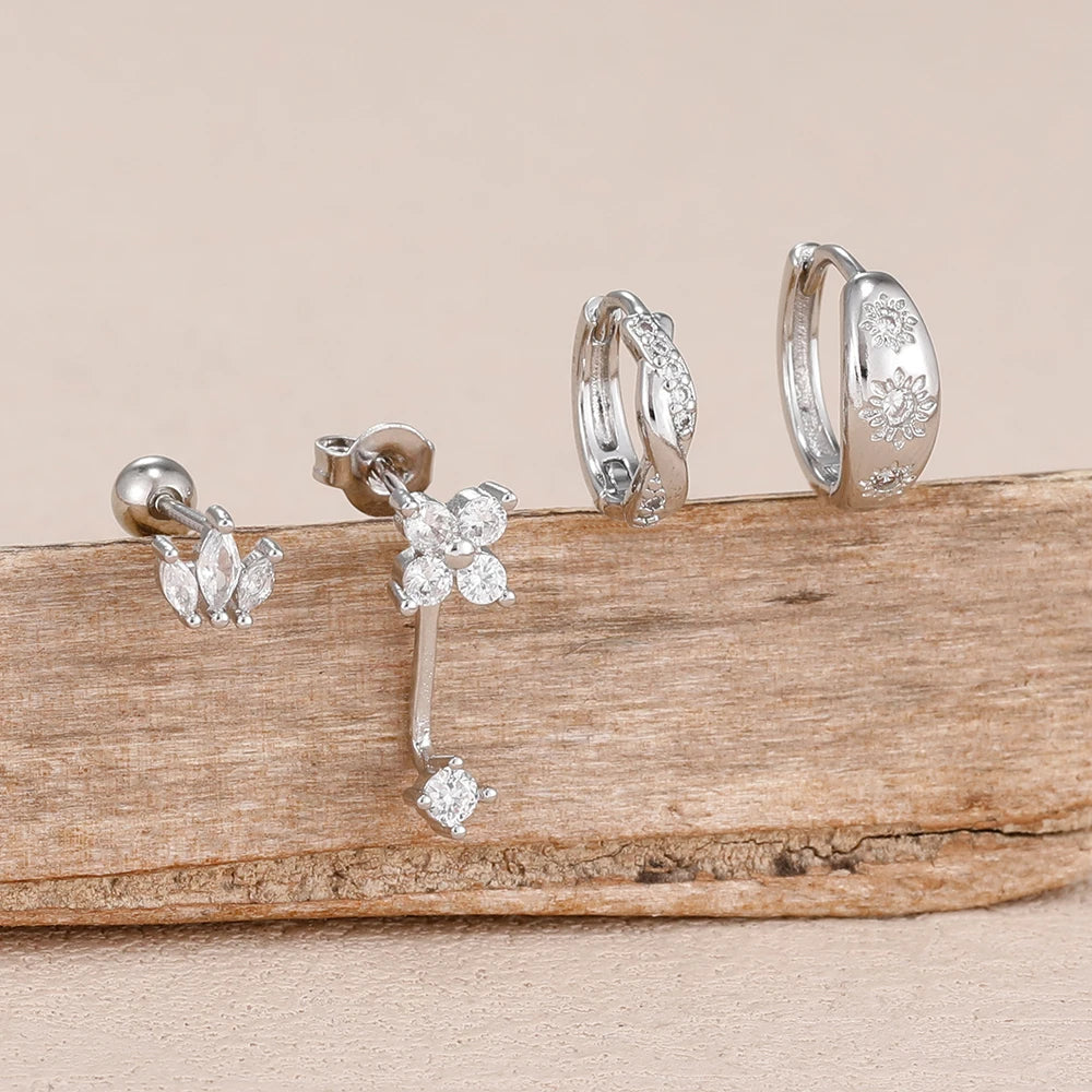 4PCS Fashion Stainless Steel Zirconia Star Huggie Hoop Earrings Set with Flower Studs for Women