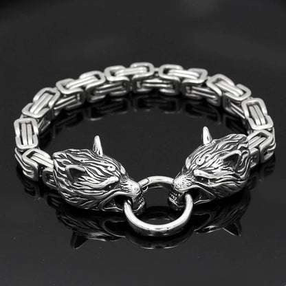 Men's Stainless Steel Viking Wolf Head Bracelet with Thick Chain Biker Punk Wristband
