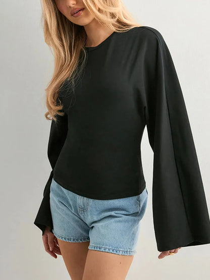 Womens O Neck Long Sleeve Skinny T Shirt Monochrome Crop Top