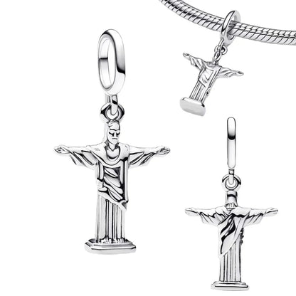 Sterling Silver 925 Skiing Penguin Charm with Geometric Snowflake Beads for Bracelets and Necklaces DIY Jewelry Gift