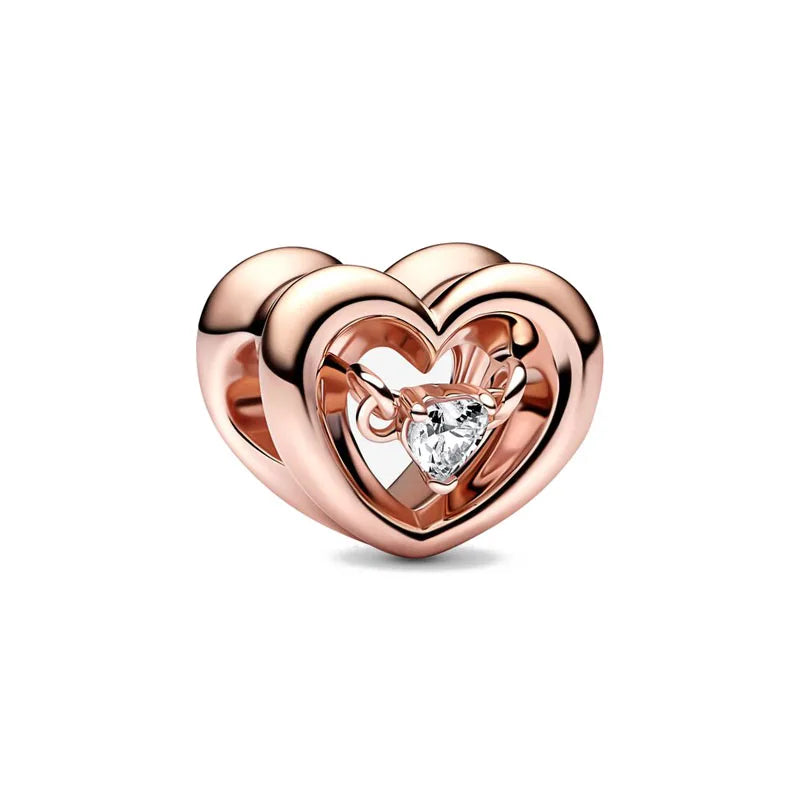Rose Gold Padlock Heart Key Pendant Necklace for Women 925 Silver with Zircon Beads P1419