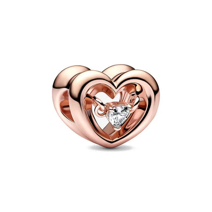 Rose Gold Padlock Heart Key Pendant Necklace for Women 925 Silver with Zircon Beads P1419