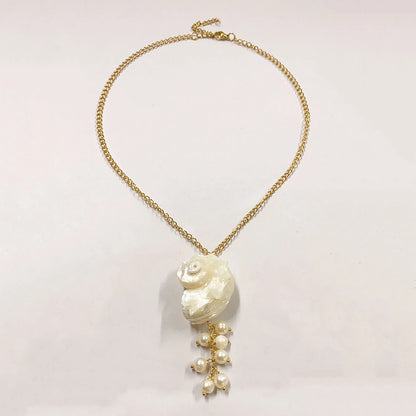 Elegant Freshwater Pearl Conch Necklace for Women - Unique Vacation Jewelry with Stainless Steel Chain
