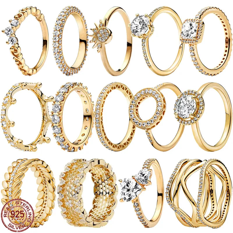 Elegant Gold Tone 925 Sterling Silver Heart Crown Ring for Women