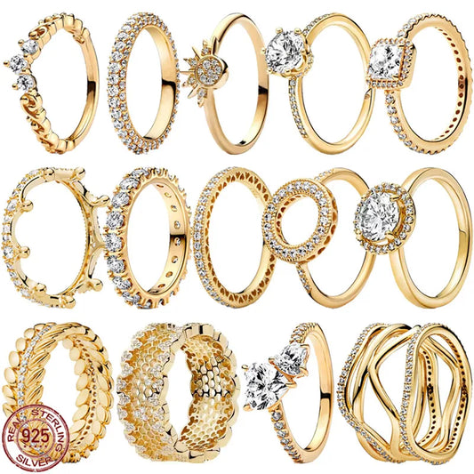 Elegant Gold Tone 925 Sterling Silver Heart Crown Ring for Women