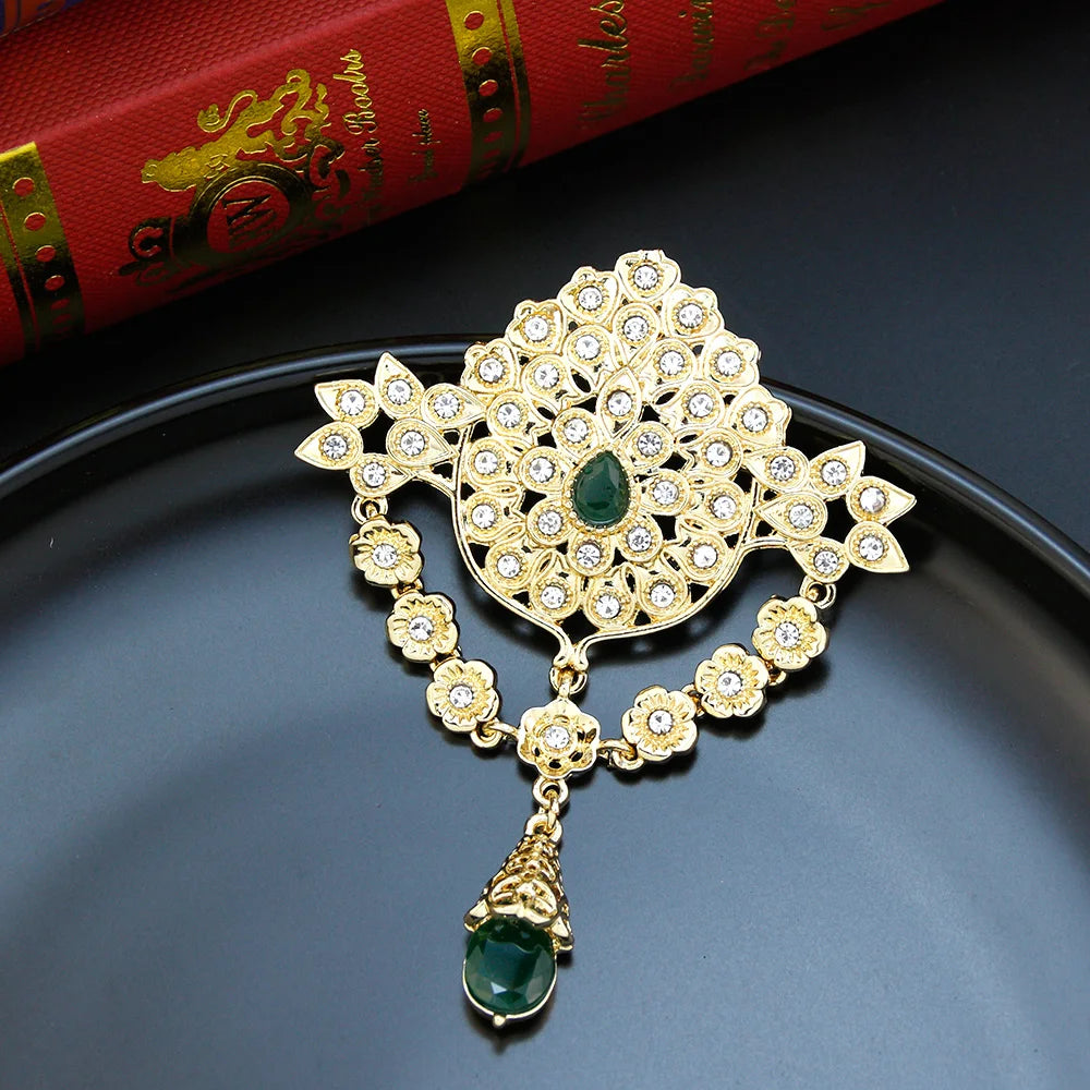 Elegant Gold Flower Brooch for Women - Crystal Embellished Moroccan Jewelry for Caftans and Hijabs