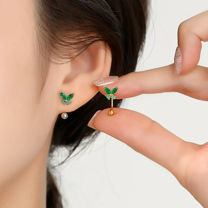 Stainless Steel Green Crystal Butterfly Earring Minimalist U-Shape Helix Studs for Tragus and Cartilage Piercing
