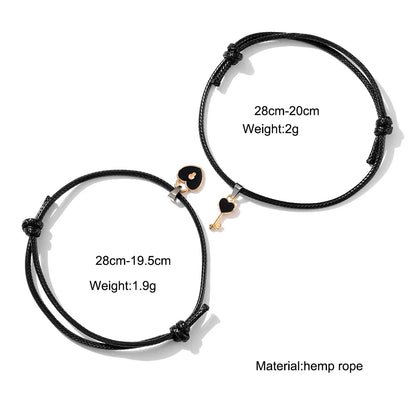Charm Black Heart Key Lock Adjustable Couple Bracelets Set for Lovers