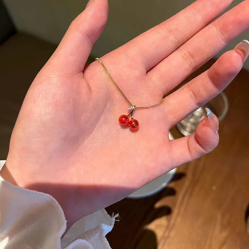 Little Wine Red Cherry Pendant Necklace with Golden Chain for Women - Elegant Fruit Jewelry Gift