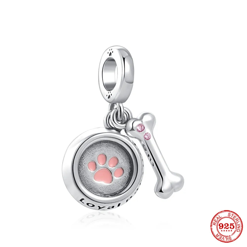 Sterling Silver Paw Print and Bone Charm Bead for Pet Bracelet Jewelry P1035