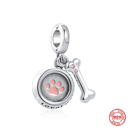Sterling Silver Paw Print and Bone Charm Bead for Pet Bracelet Jewelry P1035