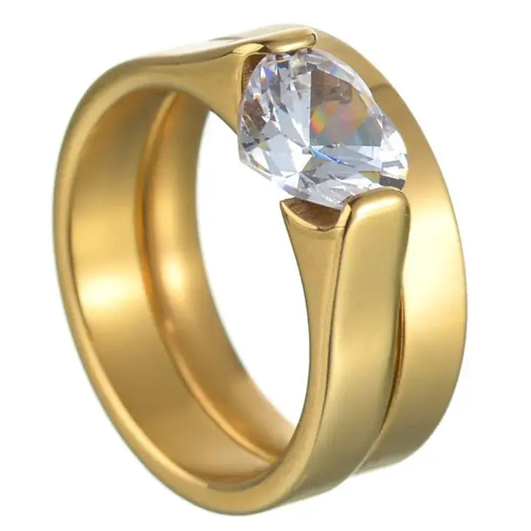 MeMolissa Luxury Clear Stone Crystal Wedding Rings Gold Plated Stainless Steel Jewelry 84R12