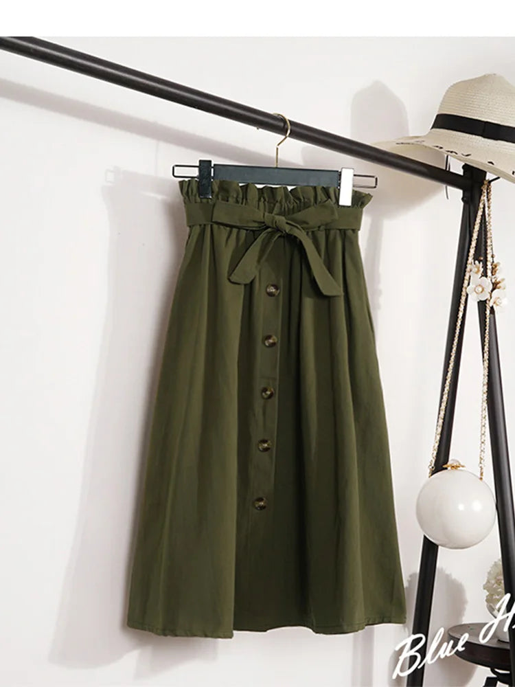 Summer Autumn Midi Pleated High Waist Button Skirt Women