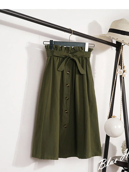 Summer Autumn Midi Pleated High Waist Button Skirt Women