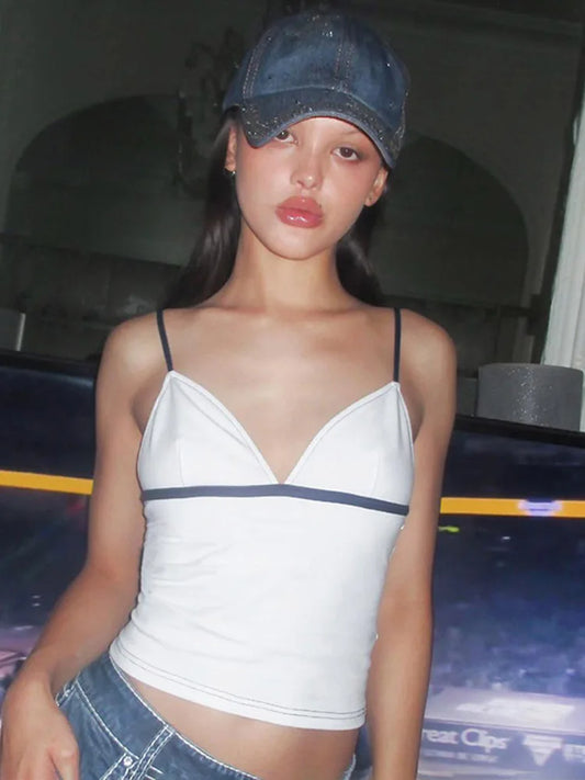 White V Neck Halter Top Women Y2K Vintage Color Block