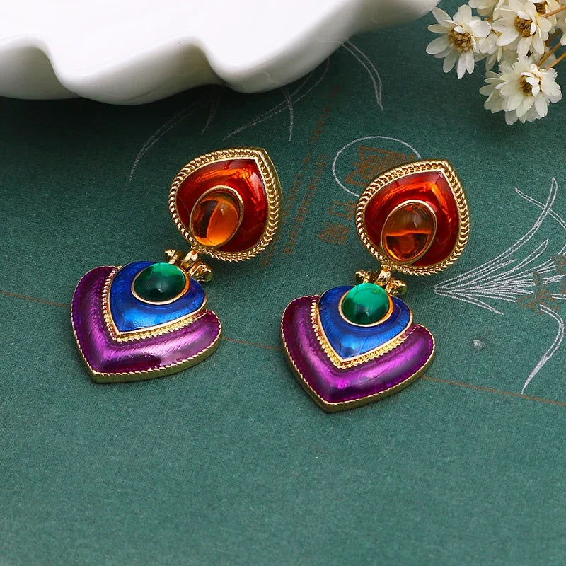 Boho Colorful Crystal Resin Heart Clip-On Earrings for Women Fashion Statement Jewelry