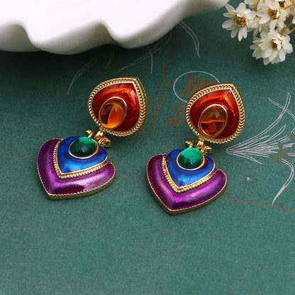 Boho Colorful Crystal Resin Heart Clip-On Earrings for Women Fashion Statement Jewelry