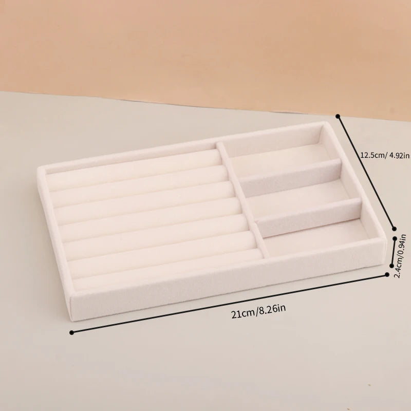 Velvet Jewelry Tray Stackable Beige Storage for Rings and Earrings 3 Grids Tray