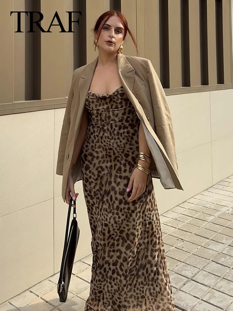 TRAFZA 2024 Women Summer Vintage Leopard Print Dress