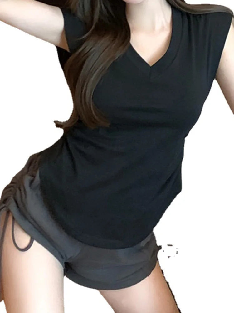 Dozw Women V Neck Tee Slim Fit Summer Korean Fashion