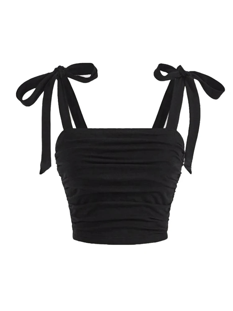 Pink Ruched Tie Shoulder Wide Strap Backless Crop Top