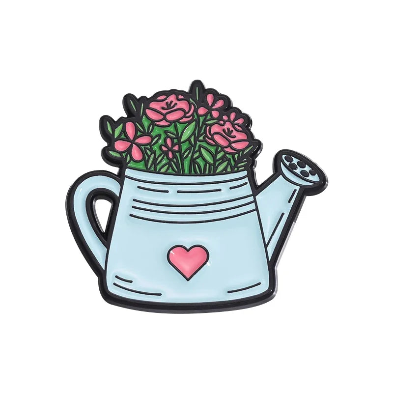 Whimsical Break Enamel Pin Set with Floral Bicycle and Watering Can Designs for Backpacks and Parties