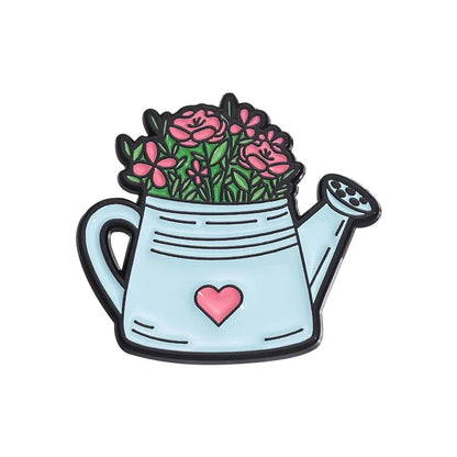 Whimsical Break Enamel Pin Set with Floral Bicycle and Watering Can Designs for Backpacks and Parties