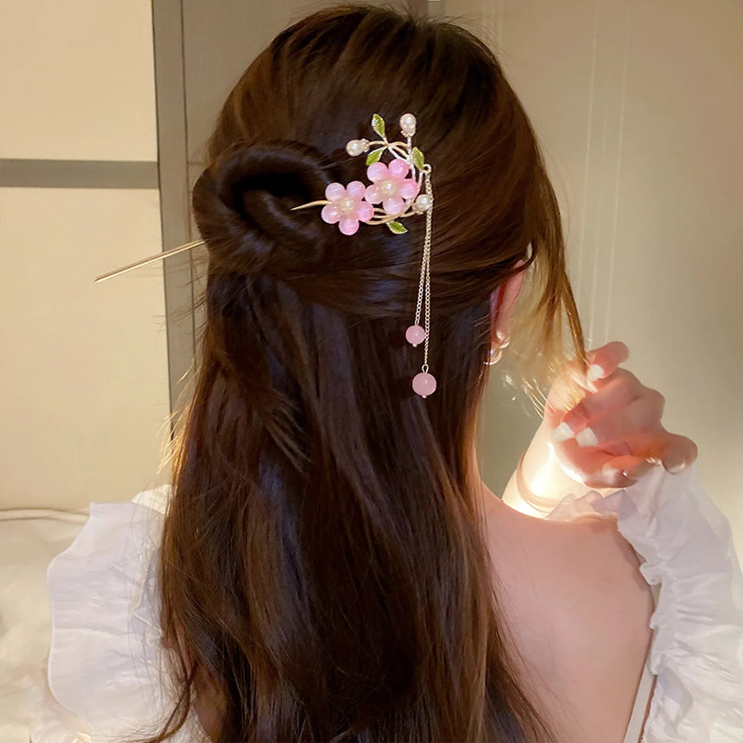 Elegant Gold Red Floral Pearl Long Tassel Hairpins Bridal Chinese Wedding Headpiece