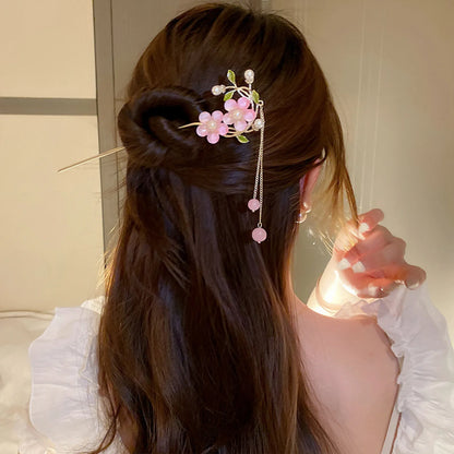 Elegant Gold Red Floral Pearl Long Tassel Hairpins Bridal Chinese Wedding Headpiece